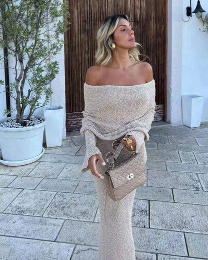 Slash Neck Knit Maxi Dress